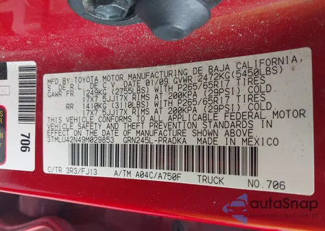 2009 Toyota Tacoma Base V6 from USA, damaged, VIN 3TMLU42N49M029853